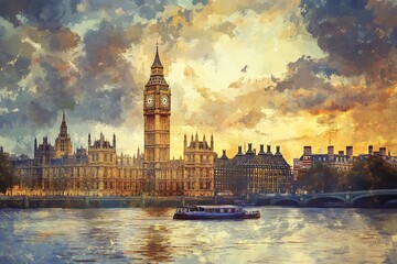 Fototapeta premium The Westminster Palace and the Big Ben clocktower by the Thames river in London, United Kingdom, just after sunset