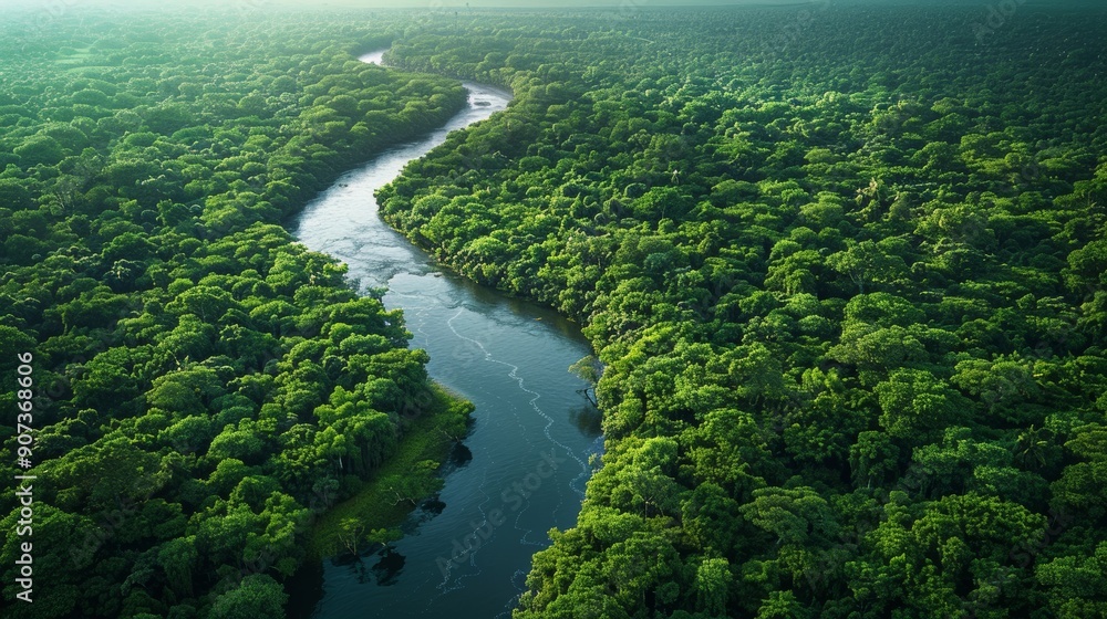 Wall mural lush green forest surrounding serene river flowing through wilderness at dawn. generative ai