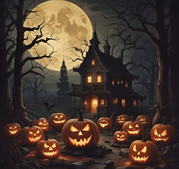 Fototapeta premium Eerie Halloween night scene featuring glowing carved pumpkins with sinister faces in the darkness.