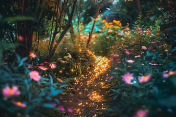 A magical garden full of birthday wishes blooming, A serene painting of colorful flowers and mushrooms in a lush forest setting, Ai generated
