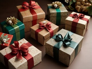 Obraz premium Christmas gift boxes. The boxes are wrapped in various colored papers and adorned with unique decorations.