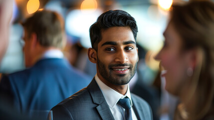 Indian man in a formal suit, attending a corporate event, confidently mingling with colleagues