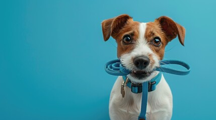 A dog is holding a leash in its mouth