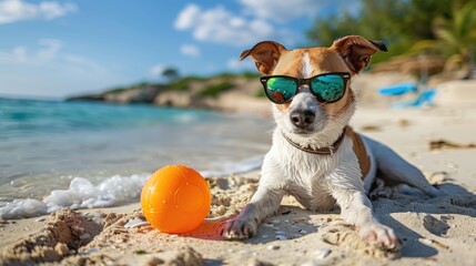 A dog is laying on the beach with sunglasses on