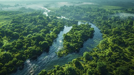 Lush Green River Meandering Through a Dense Forest During Early Morning Light. Generative AI
