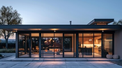 Fototapeta premium A sleek, modern bungalow with a flat roof, expansive glass doors, and a cozy outdoor space with a pergola and hanging lights.