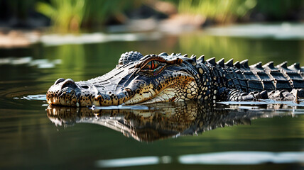 Obraz premium Close-up of an alligator swimming in a calm, reflective river, showcasing its textured scales and sharp teeth. The background is blurred, highlighting the lush, green riverbank vegetation.