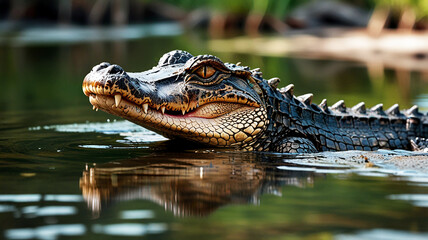 Fototapeta premium Close-up of an alligator swimming in a calm, reflective river, showcasing its textured scales and sharp teeth. The background is blurred, highlighting the lush, green riverbank vegetation.