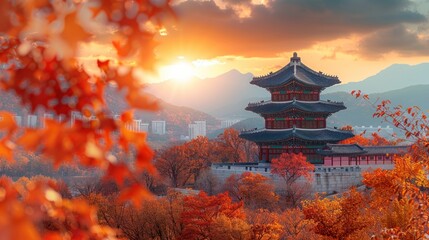 Korean Pagoda Amidst Autumnal Splendor