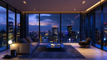 Room inside a high-rise building showcasing unoccupied space and floor-to-ceiling windows offering a stunning night city view, representing prestigious and high-end real estate