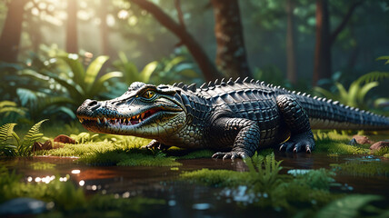 Fototapeta premium Close-up of an alligator swimming in a calm, reflective river, showcasing its textured scales and sharp teeth. The background is blurred, highlighting the lush, green riverbank vegetation.