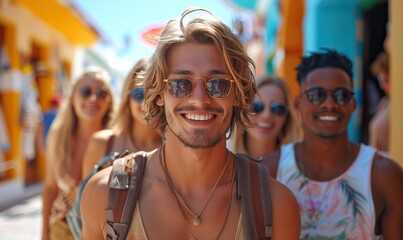 Fototapeta premium A multicultural group of friends is enjoying summer vacation outdoors, smiling and having fun as they walk outside on a sunny day, celebrating friendship.