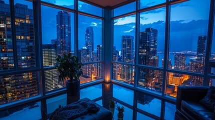 Room inside a high-rise building showcasing unoccupied space and floor-to-ceiling windows offering a stunning night city view, representing prestigious and high-end real estate