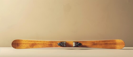 High-resolution image of a wooden ski with bindings, classic design, isolated on a neutral background with ample space for marketing text