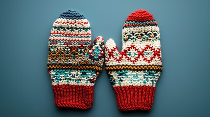 High-resolution image of patterned knitted mittens, isolated on a plain background, ideal for holiday marketing with room for copy text