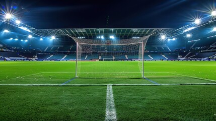Fototapeta premium Football Stadium at Night: View from the Goal Post