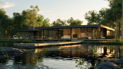 A sleek waterfront house with a flat roof, expansive glass walls, and a private dock leading to a serene lake.