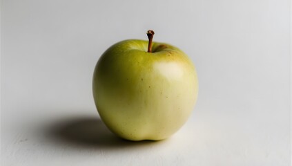 A single green apple with a leaf on a white background, the apple is smooth and shiny, and the leaf is green and vibrant