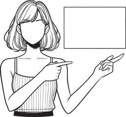 Young woman pointing empty space pose line hand drawn sketch vector flat design cartoon illustration