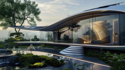 futuristic home with a sleek, aerodynamic design, featuring curved glass walls, an integrated solar panel roof, and a minimalist garden with a water feature.