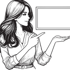 Young woman pointing empty space pose line hand drawn sketch vector flat design cartoon illustration