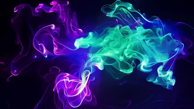 Swirls of neoncolored particles intertwine and dissolve creating a striking and otherworldly depiction of abstract smoke.