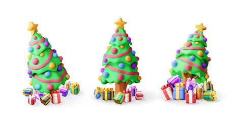 3D set of christmas tree decorated with gift boxes, balls, garland lights, golden star. Render collection of spruce, evergreen tree. Greeting, festive poster, party. New year. Vector illustration