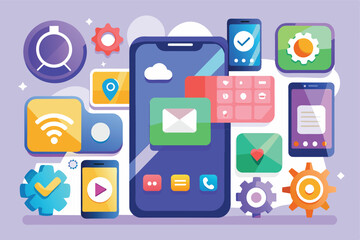 Mobile Phone Interface with Icons and Settings Gears