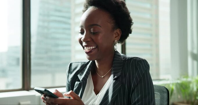Business, black woman and laughing with phone in office for communication, online networking and social media meme. Happy, female person and mobile for streaming funny videos, comic joke and break