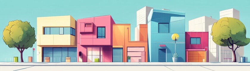 Natural cooling techniques with crossventilation, flat design, front view, sustainable architecture theme, cartoon drawing, Triadic Color Scheme