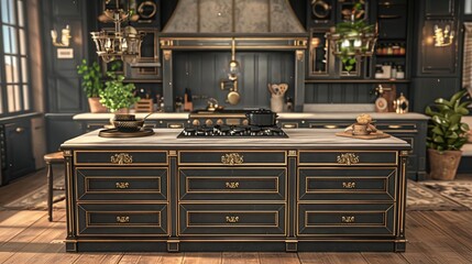 Black and Gold Kitchen Island with Gold Accents - 3D Illustration