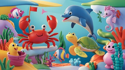 Obraz premium set of Sea animals 3d render illustration. cute Crab, Dolphin, Turtle, Seahorse and Fish line art for coloring book. Cartoon sea animal illustration.