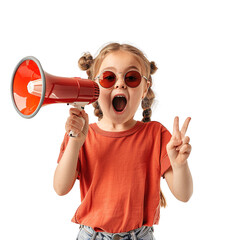 Naklejka premium A young girl wearing sunglasses and holding a megaphone. She is making a peace sign with her hands