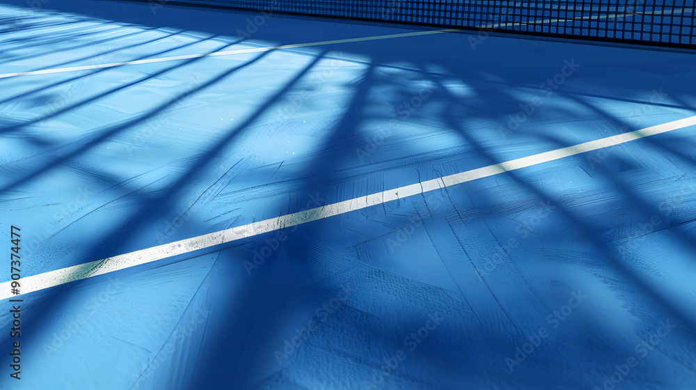 Poster a vibrant blue sports court is seen under sunlight, casting grid-like shadows from netting, creating
