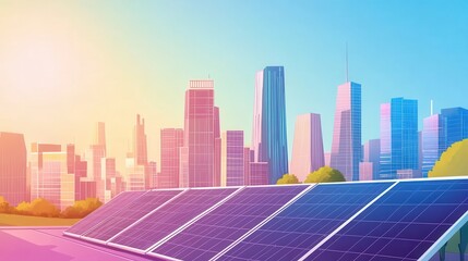 Solar energy systems in urban environments, flat design, side view, future cities theme, animation, colored pastel