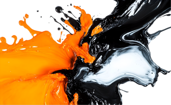 A mix of orange liquid and black liquid isolated on transparent background.