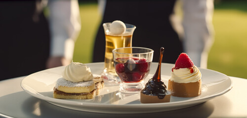 Luxury food service, desserts by a waiter at a wedding celebration or formal event in classic English style at luxurious hotel or country estate, post-processed, generative ai