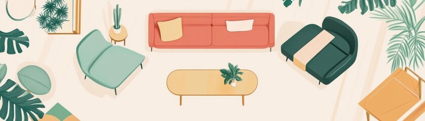 Sustainable furniture with minimalist design, flat design, top view, ecomodern theme, cartoon drawing, colored pastel