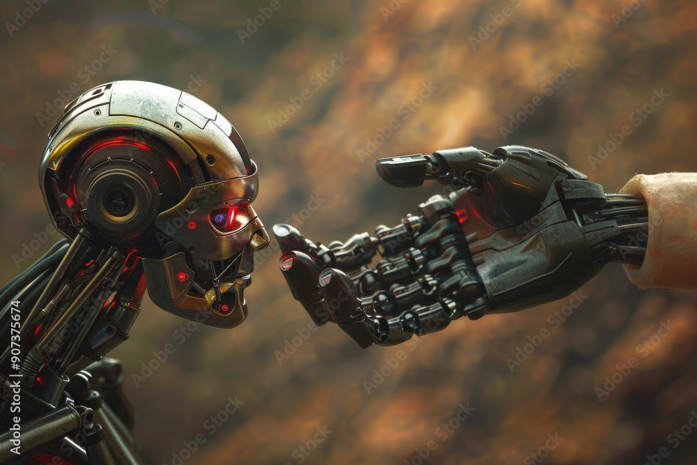 Aufkleber two robots with outstretched hands, two robots offering a helping hand to a robot, ai generated