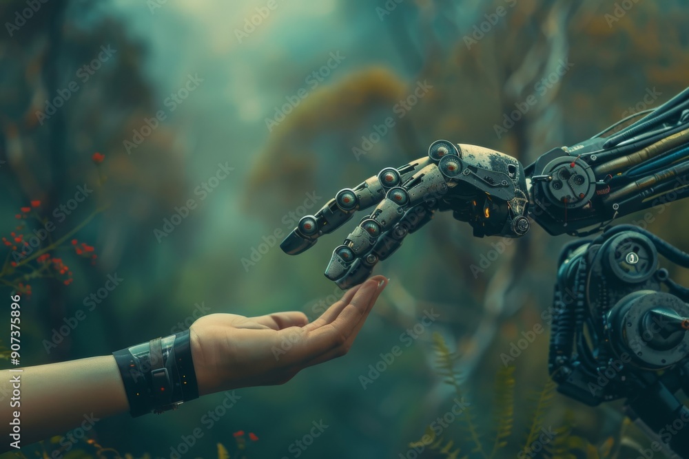 Poster two robots with outstretched hands, two robots offering a helping hand to a robot, ai generated