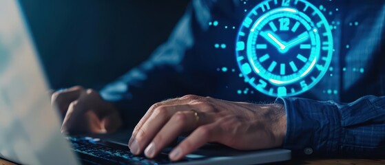 A business hand in a blue shirt entering data on a laptop, with a hologram icon of a shopping cart appearing