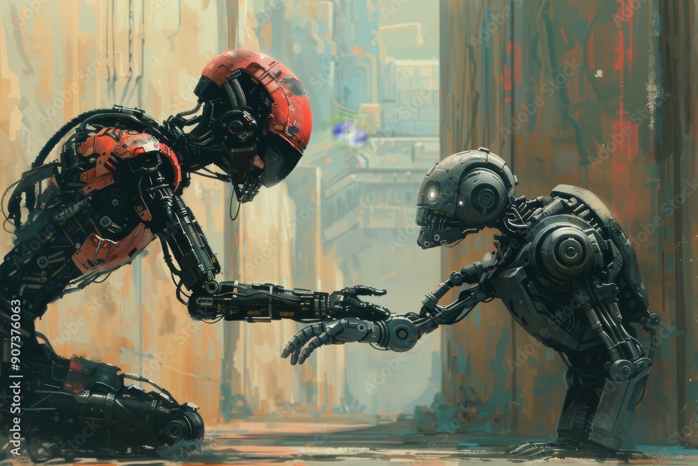 Aufkleber two robots with outstretched hands, two robots offering a helping hand to a robot, ai generated