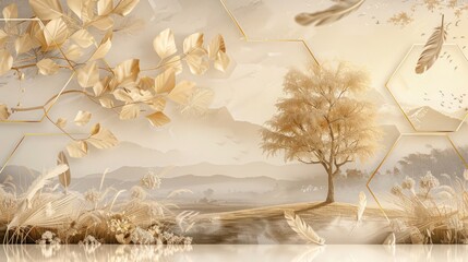 Subtle art deco hexagon background in gold on soft beige, featuring a 3D tree mural with beige leaves, a soothing landscape, and gentle beige feathers creating a serene atmosphere