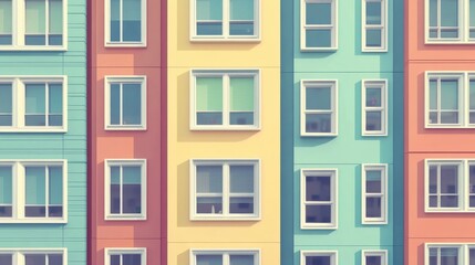 Energyefficient windows in highrise buildings, flat design, top view, urban sustainability theme, animation, colored pastel