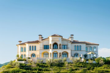 A grand, luxurious home stands majestically on a hilltop, with sunlight filtering through its expansive windows