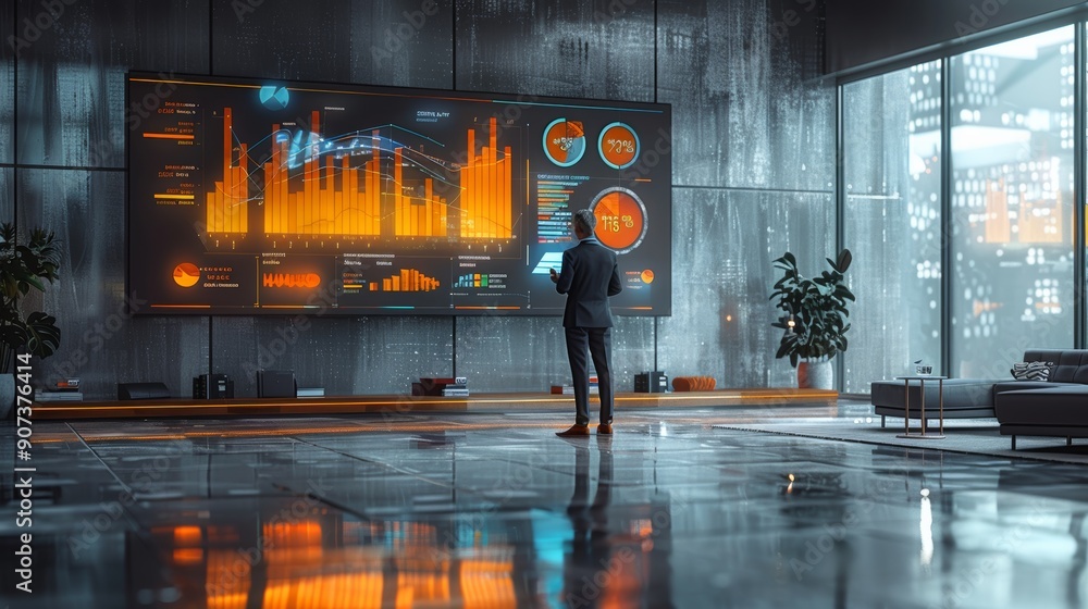 Poster professional businessman analyzing data visualizations in modern office during evening hours. genera