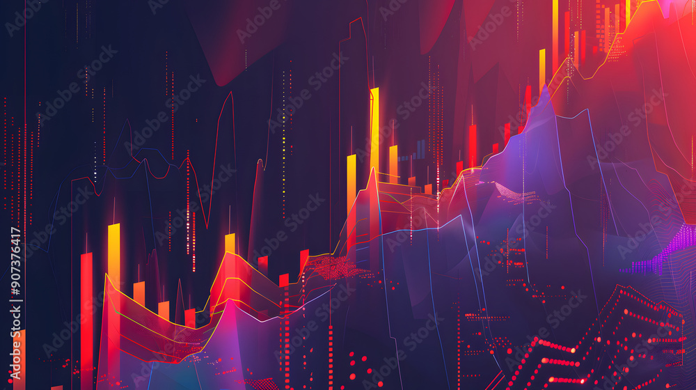 Poster an abstract visualization of financial data featuring colorful graphs and lines, illustrating market