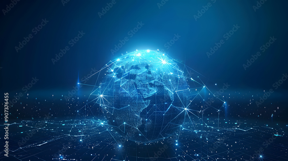 Poster a global digital network depicted with earth surrounded by connected data points, representing world