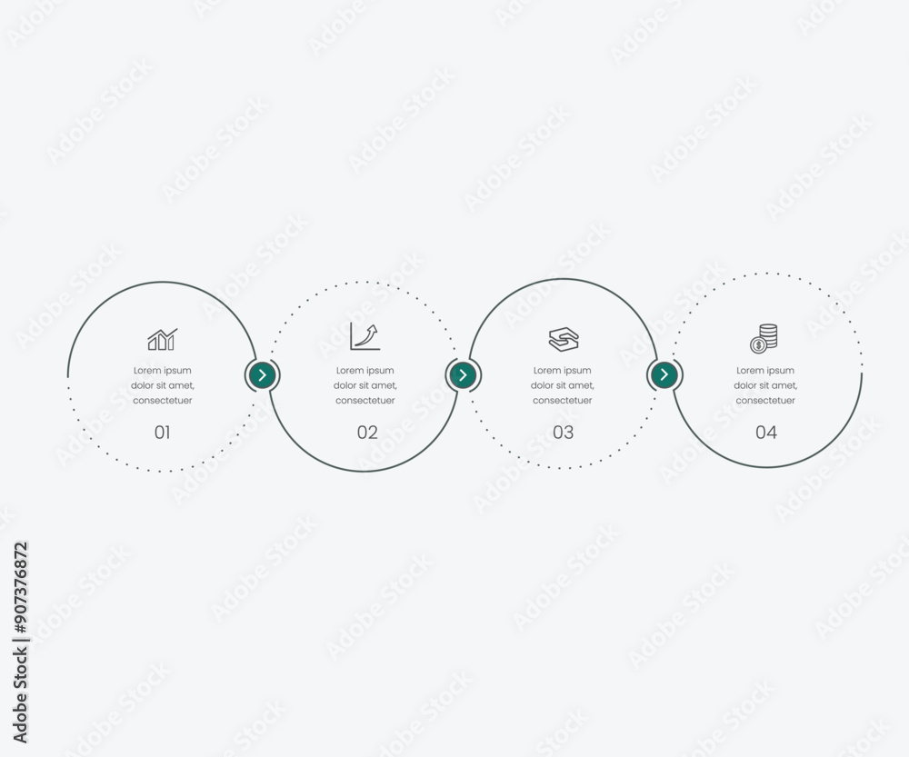 Aufkleber horizontal chart with four circular elements and colorful curve line. concept of 4 successive steps 
