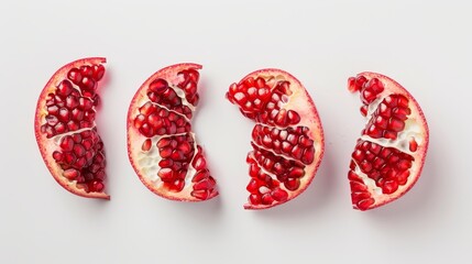 Fototapeta premium Pomegranate slices arranged in a fan pattern, showcasing the juicy seeds and crisp edges. Set on a pristine white surface